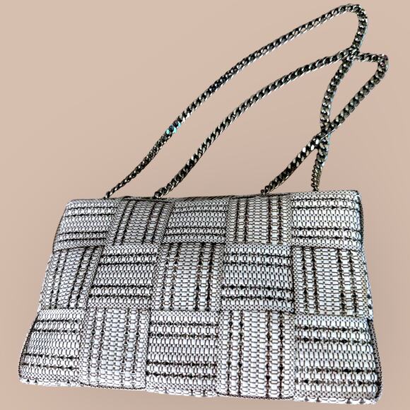 Alma Tonutti Italy Leather Fabric Purse Bag Silver Chain Strap Woven White Tan - Picture 2 of 11